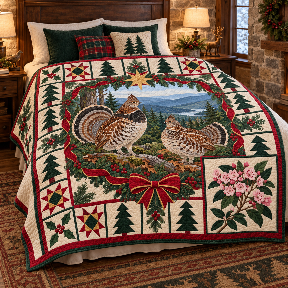 Grouse in Laurel Shade Christmas Star TD271026188 Quilt Blanket — bed mockup