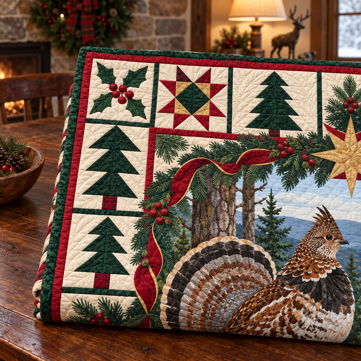 Grouse in Laurel Shade Christmas Star TD271026188 Quilt Blanket — folded mockup