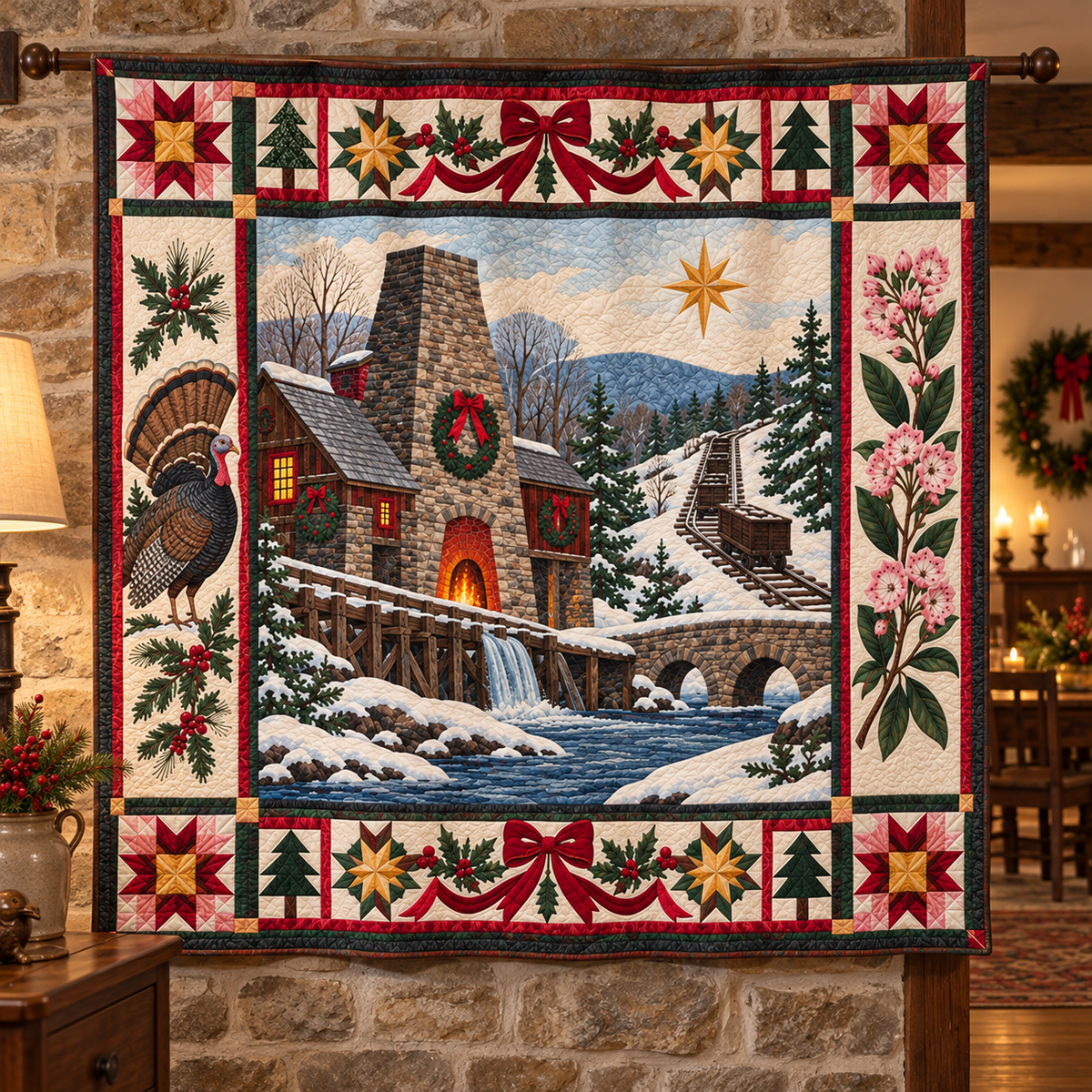 Keystone Iron and Rail Christmas Homecoming TD271026189 Quilt Blanket — hanging mockup
