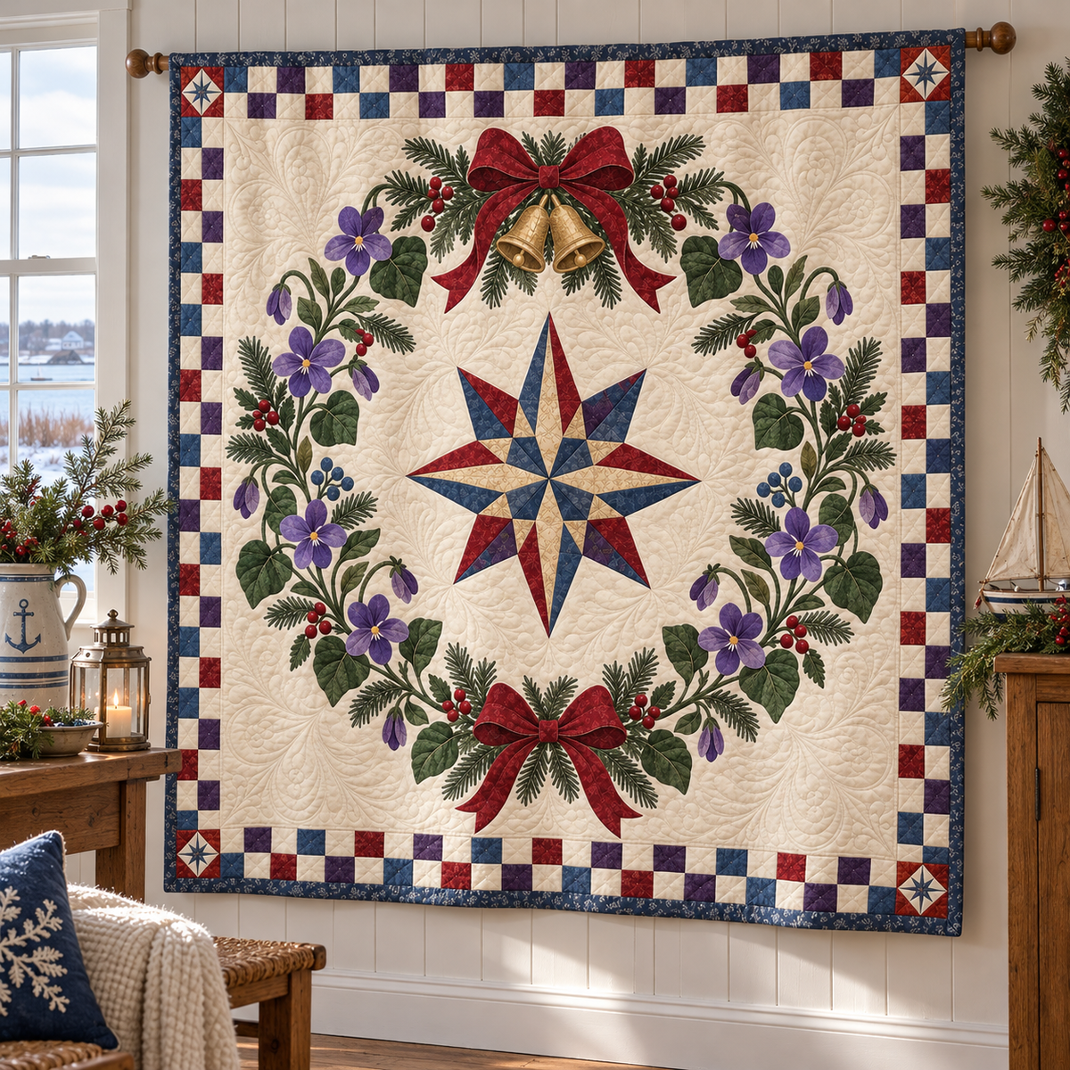 Violet Christmas Wreath TD271026192 Quilt Blanket — hanging mockup