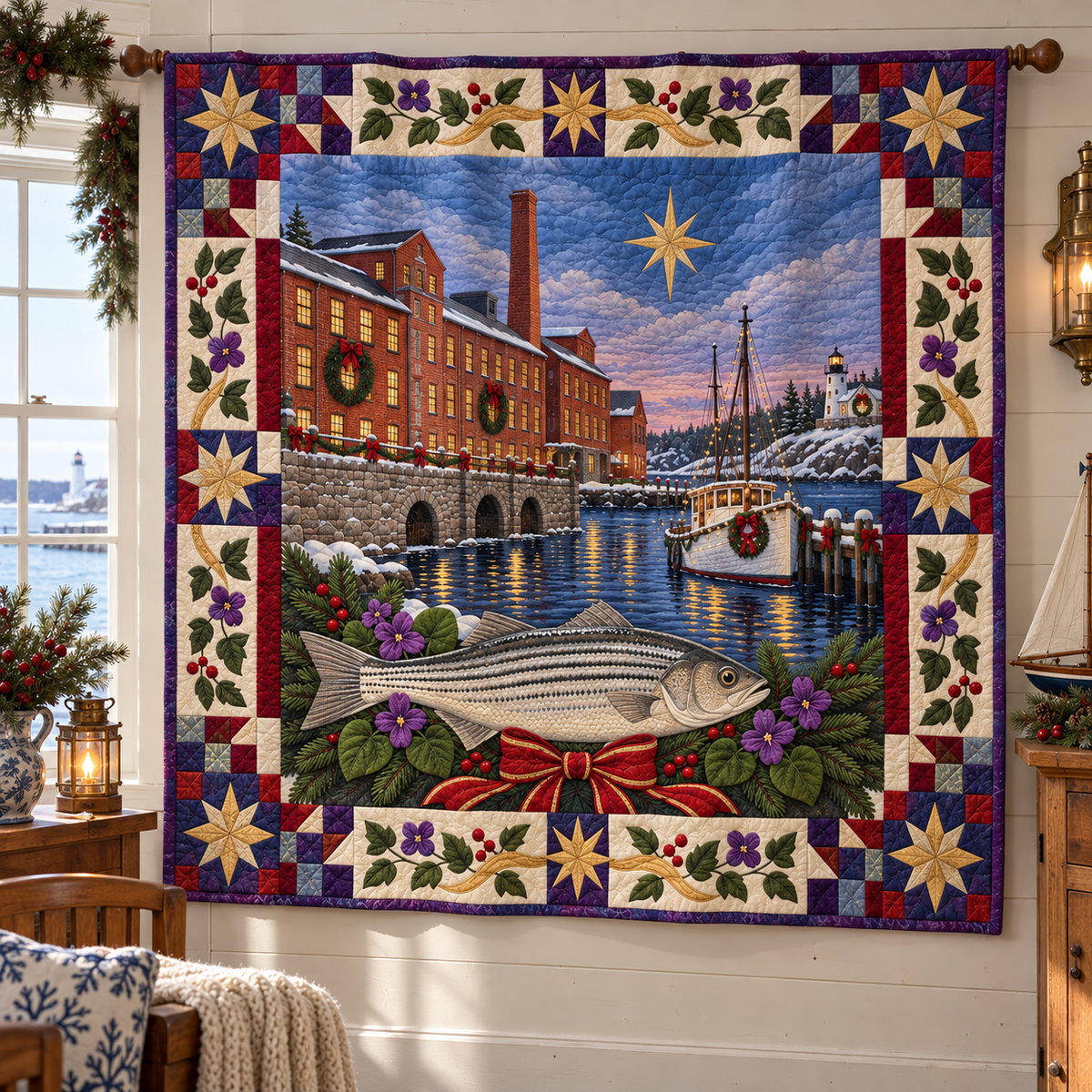 Hope Harbor Christmas Homecoming TD271026194 Quilt Blanket — hanging mockup