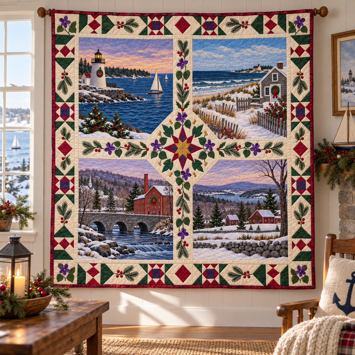 Rhode Island Christmas Windows TD271026195 Quilt Blanket — hanging mockup