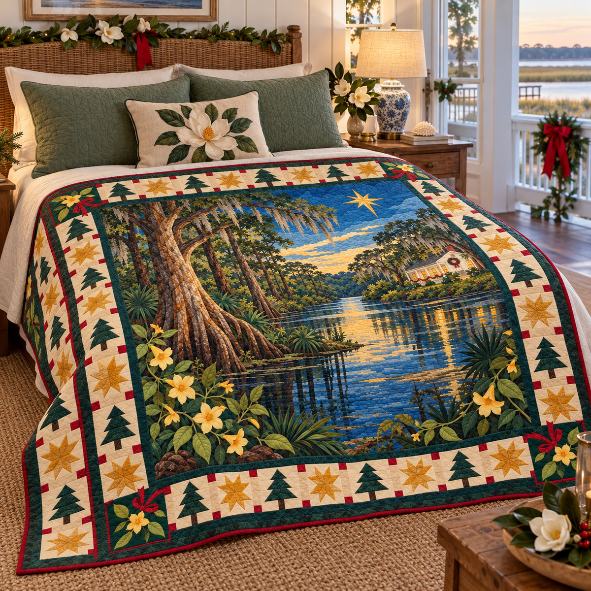 Jessamine Lowland Light Christmas Eve TD271026196 Quilt Blanket — bed mockup
