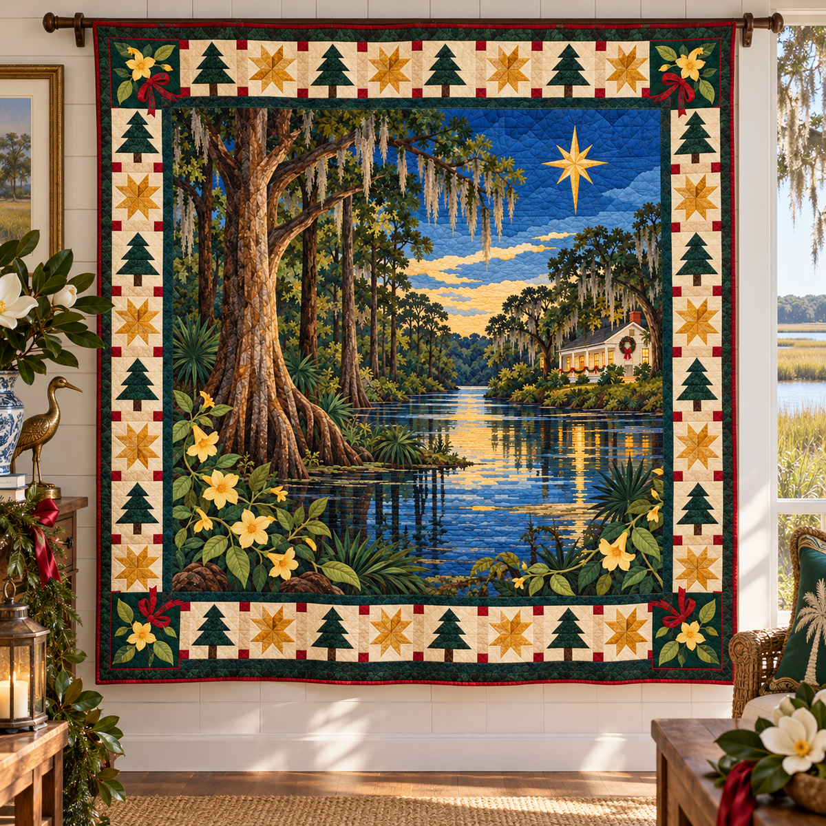 Jessamine Lowland Light Christmas Eve TD271026196 Quilt Blanket — hanging mockup