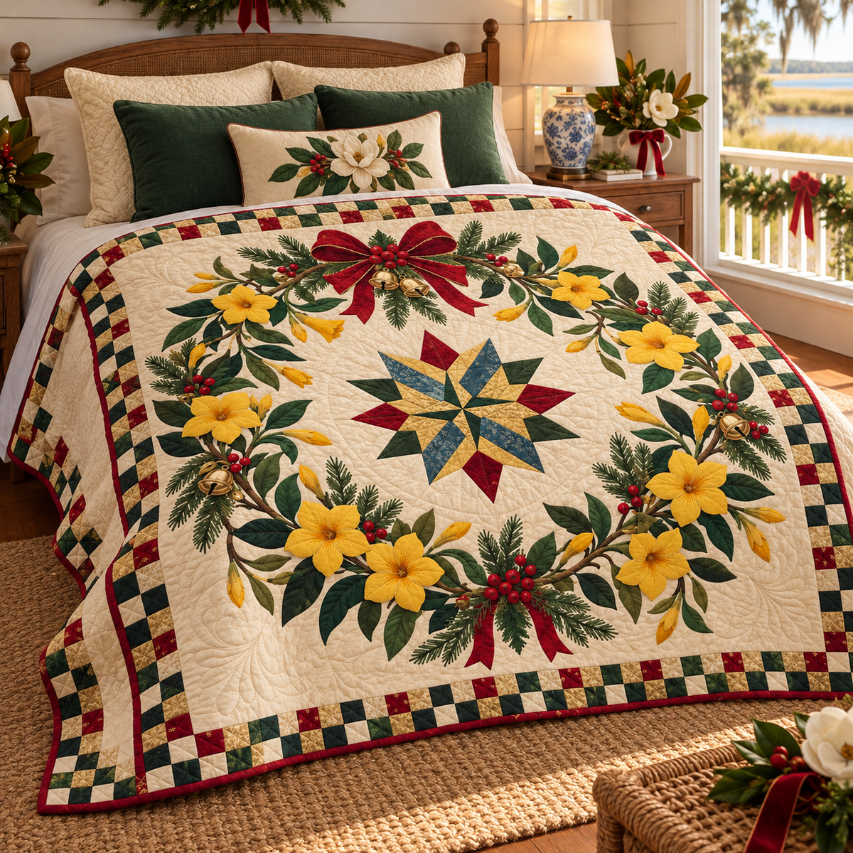 Yellow jessamine Christmas Wreath TD271026197 Quilt Blanket — bed mockup