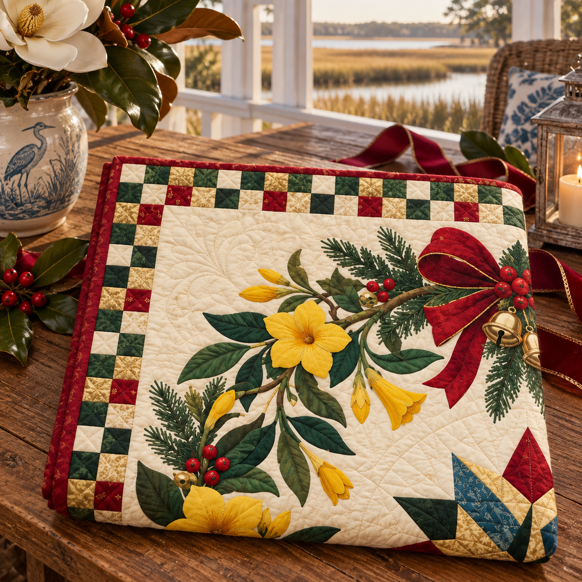 Yellow jessamine Christmas Wreath TD271026197 Quilt Blanket — folded mockup