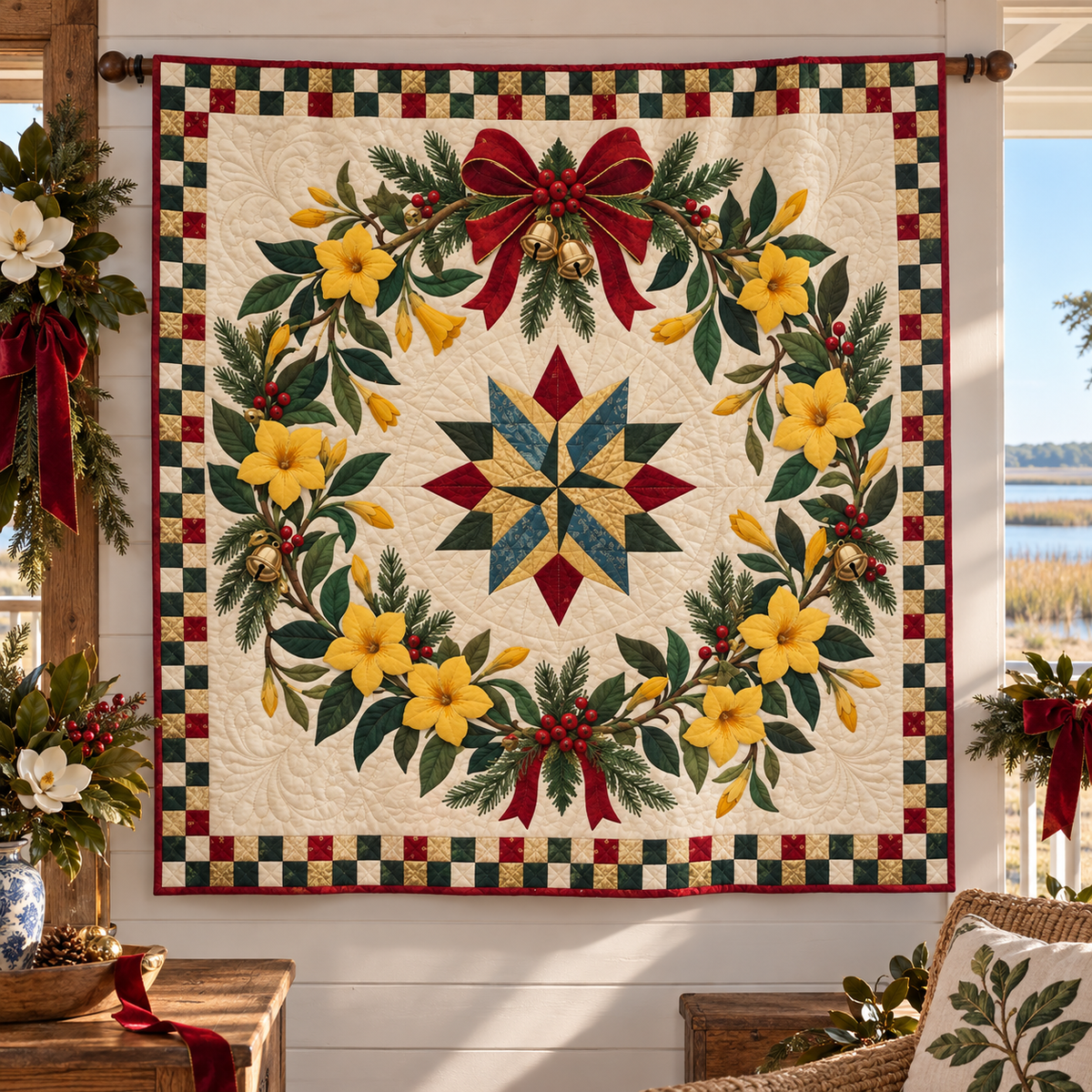 Yellow jessamine Christmas Wreath TD271026197 Quilt Blanket — hanging mockup