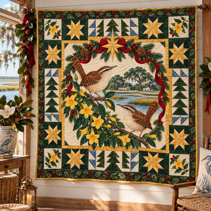 Wren in Jessamine Christmas Star TD271026198 Quilt Blanket — hanging mockup