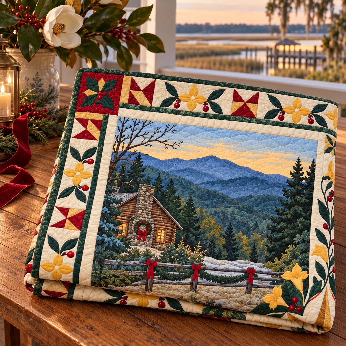 South Carolina Christmas Windows TD271026200 Quilt Blanket — folded mockup