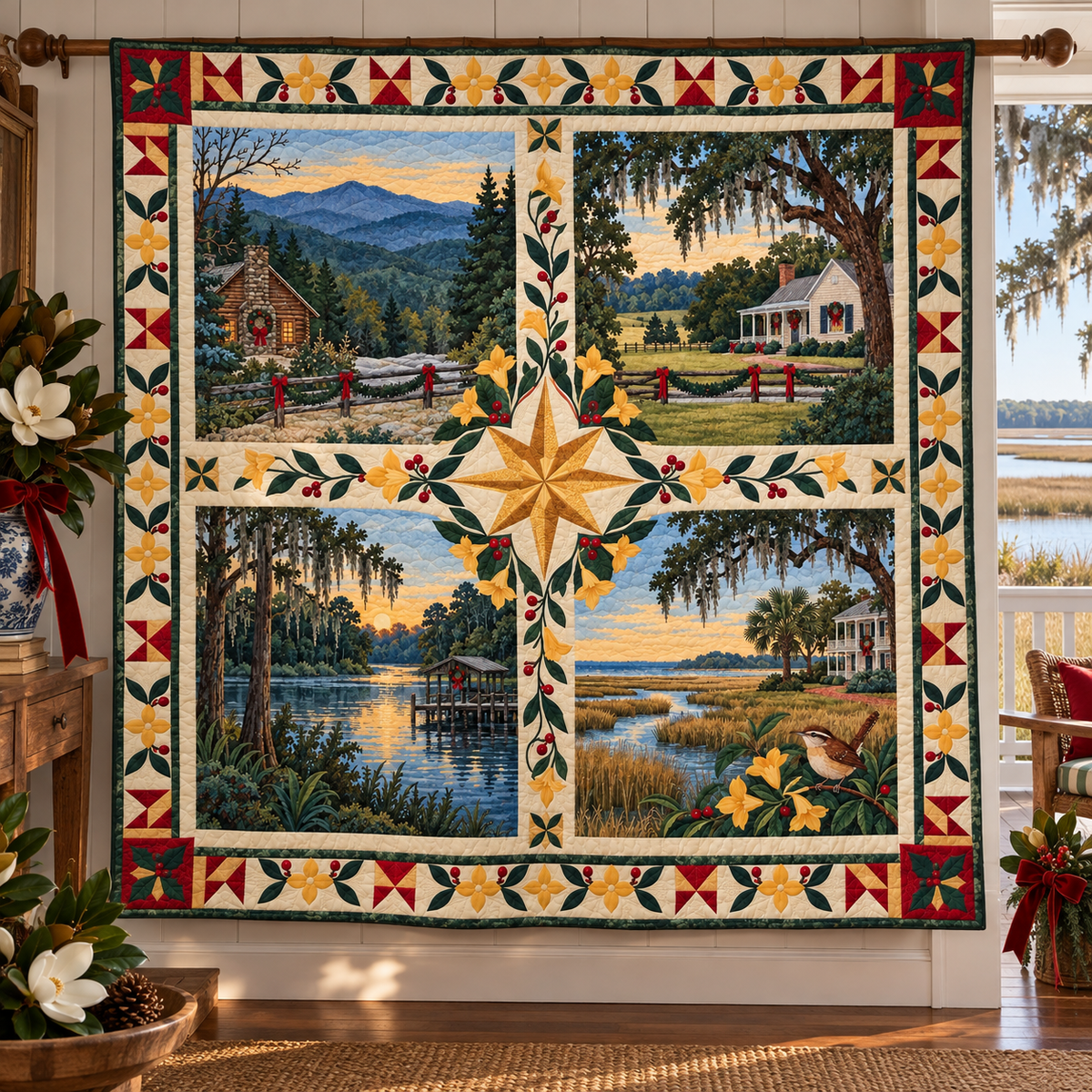 South Carolina Christmas Windows TD271026200 Quilt Blanket — hanging mockup