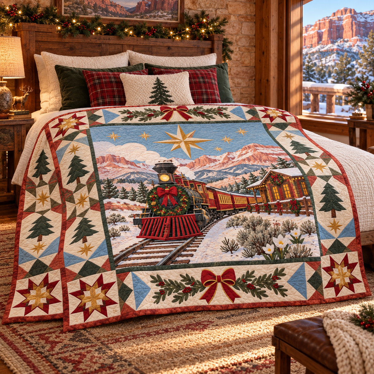 Golden Spike Junction Christmas Homecoming TD271026219 Quilt Blanket — bed mockup