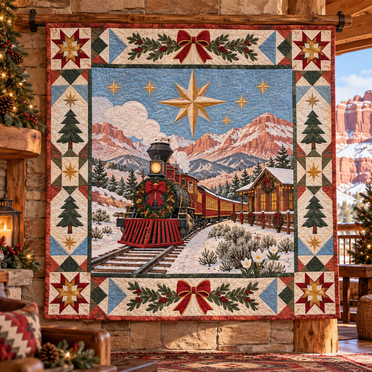 Golden Spike Junction Christmas Homecoming TD271026219 Quilt Blanket — hanging mockup