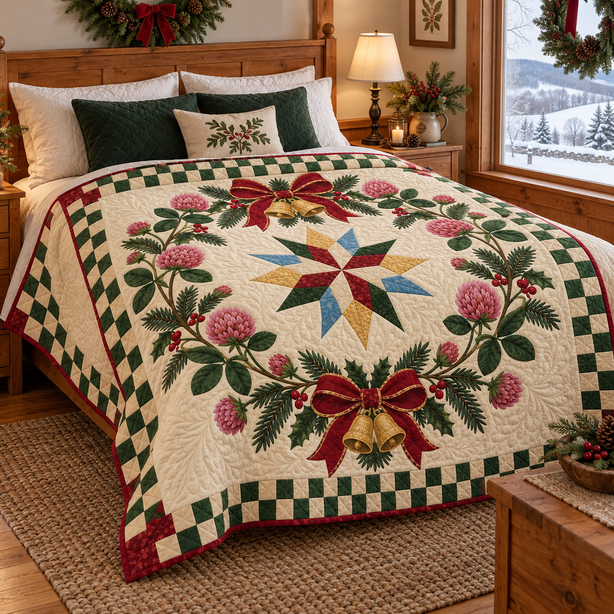 Red clover Christmas Wreath TD271026222 Quilt Blanket — bed mockup