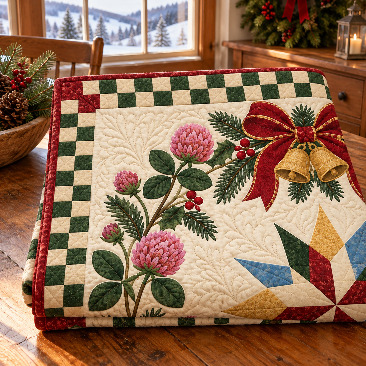 Red clover Christmas Wreath TD271026222 Quilt Blanket — folded mockup