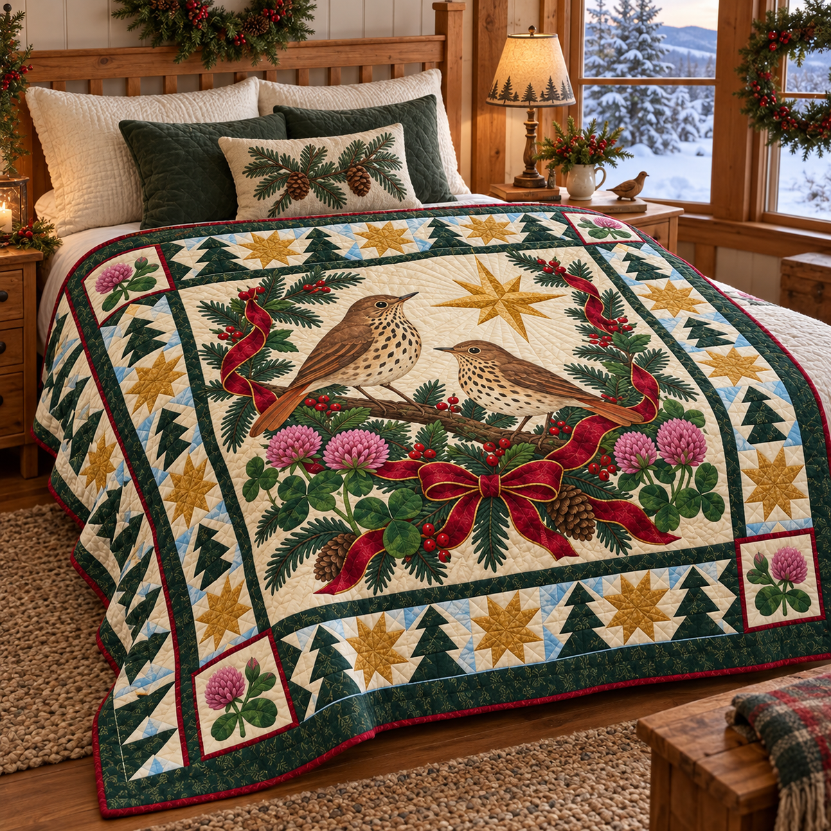 Thrush in the Clover Woods Christmas Star TD271026223 Quilt Blanket — bed mockup