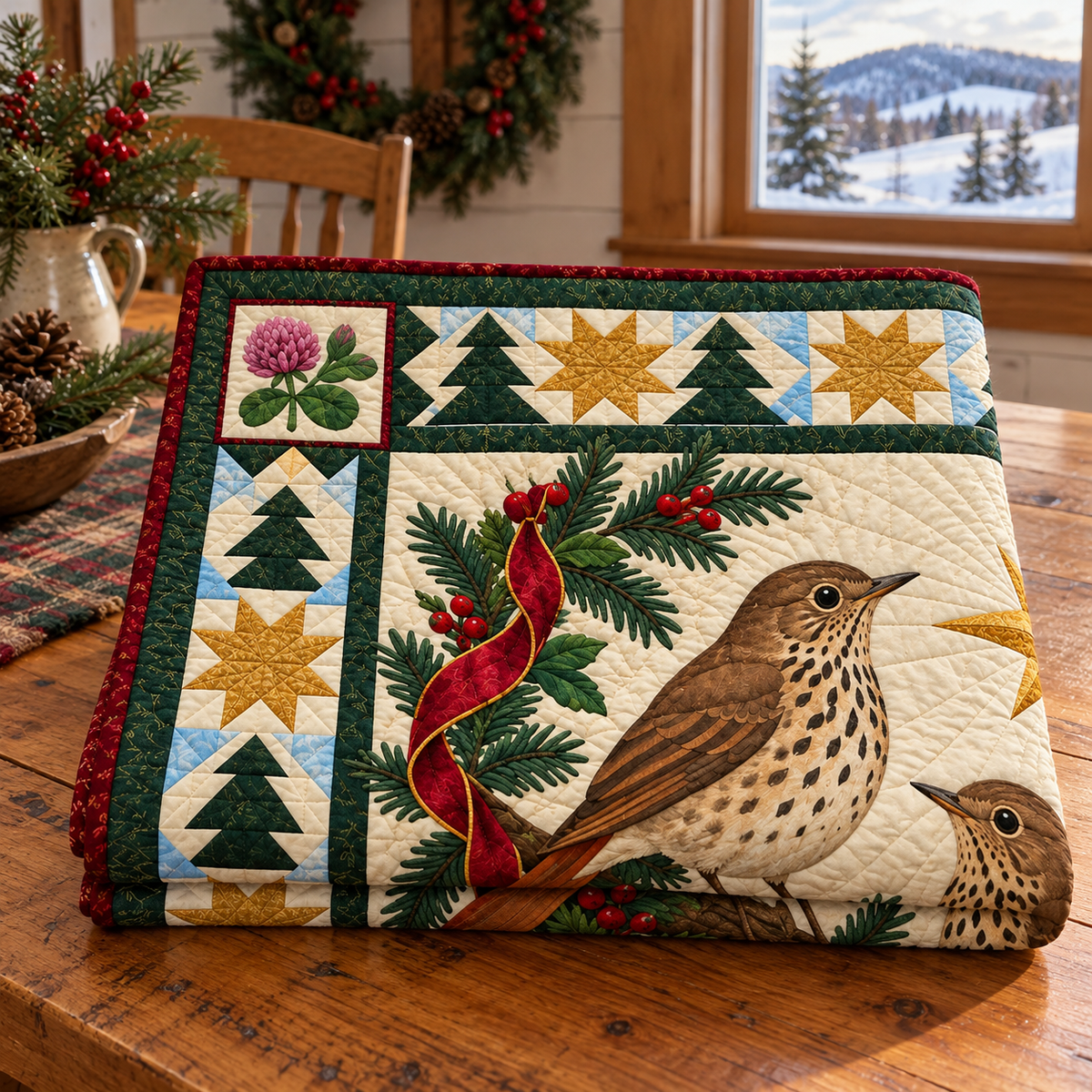 Thrush in the Clover Woods Christmas Star TD271026223 Quilt Blanket — folded mockup