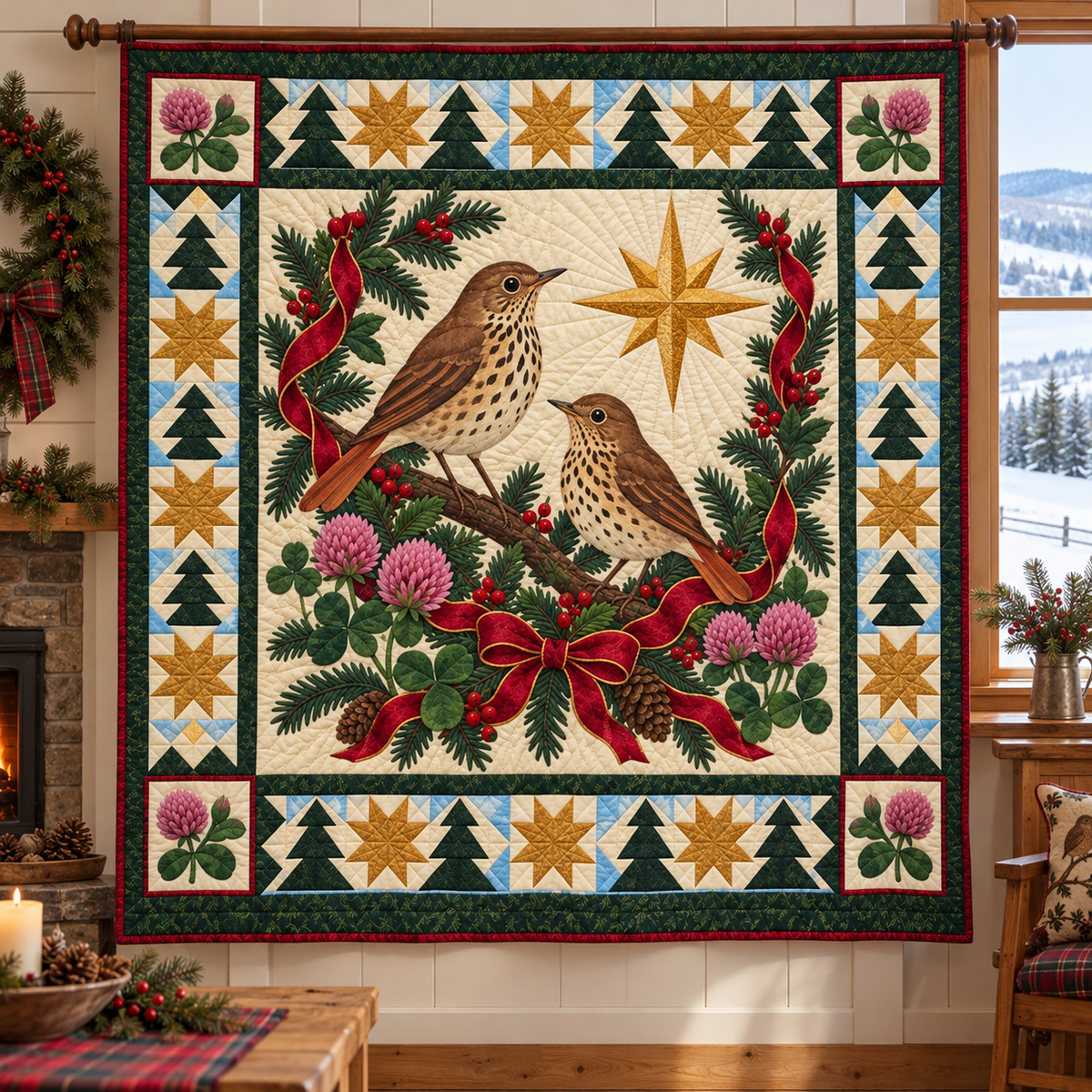 Thrush in the Clover Woods Christmas Star TD271026223 Quilt Blanket — hanging mockup