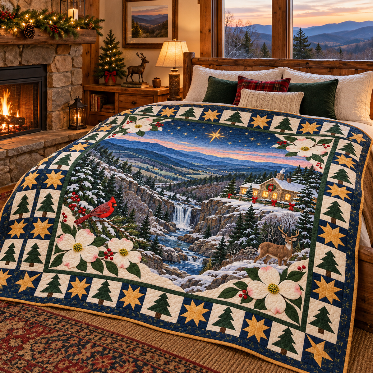 Dogwood Valley Light Christmas Eve TD271026226 Quilt Blanket — bed mockup