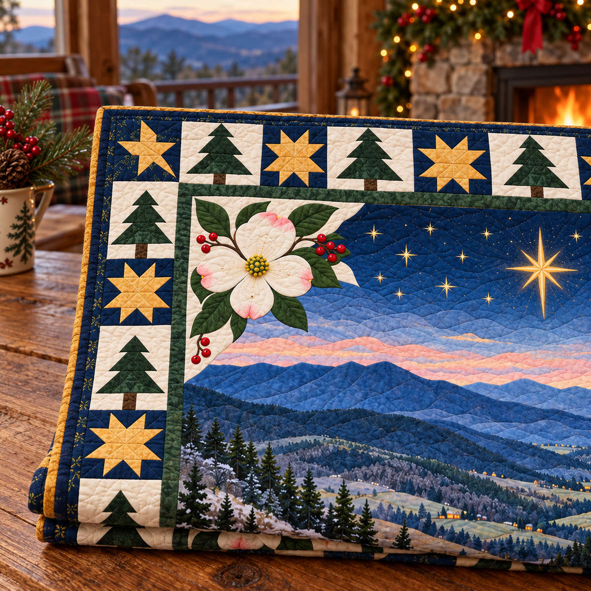 Dogwood Valley Light Christmas Eve TD271026226 Quilt Blanket — folded mockup