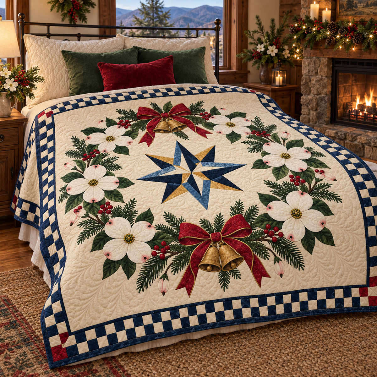 Flowering dogwood Christmas Wreath TD271026227 Quilt Blanket — bed mockup