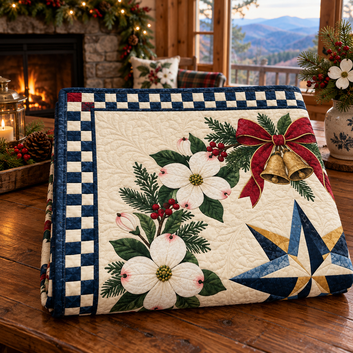 Flowering dogwood Christmas Wreath TD271026227 Quilt Blanket — folded mockup
