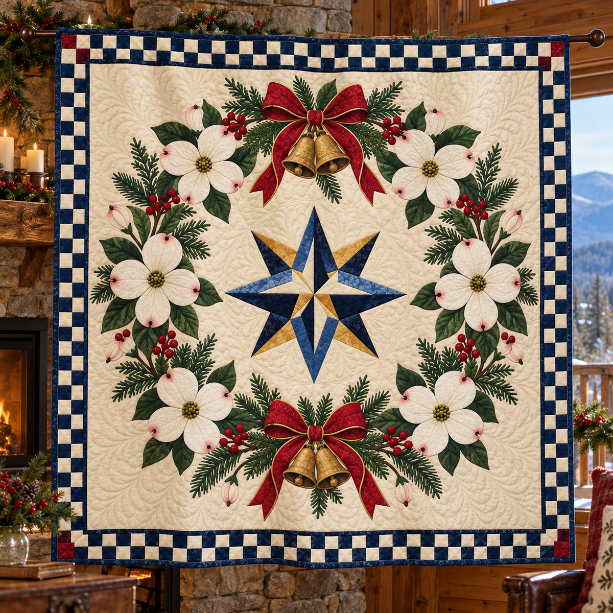 Flowering dogwood Christmas Wreath TD271026227 Quilt Blanket — hanging mockup