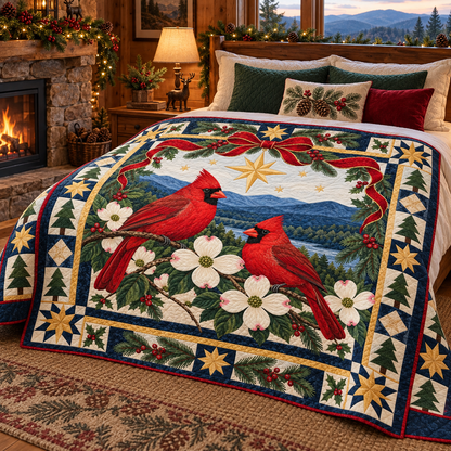 Cardinal Dogwood Hollow Christmas Star TD271026228 Quilt Blanket — bed mockup