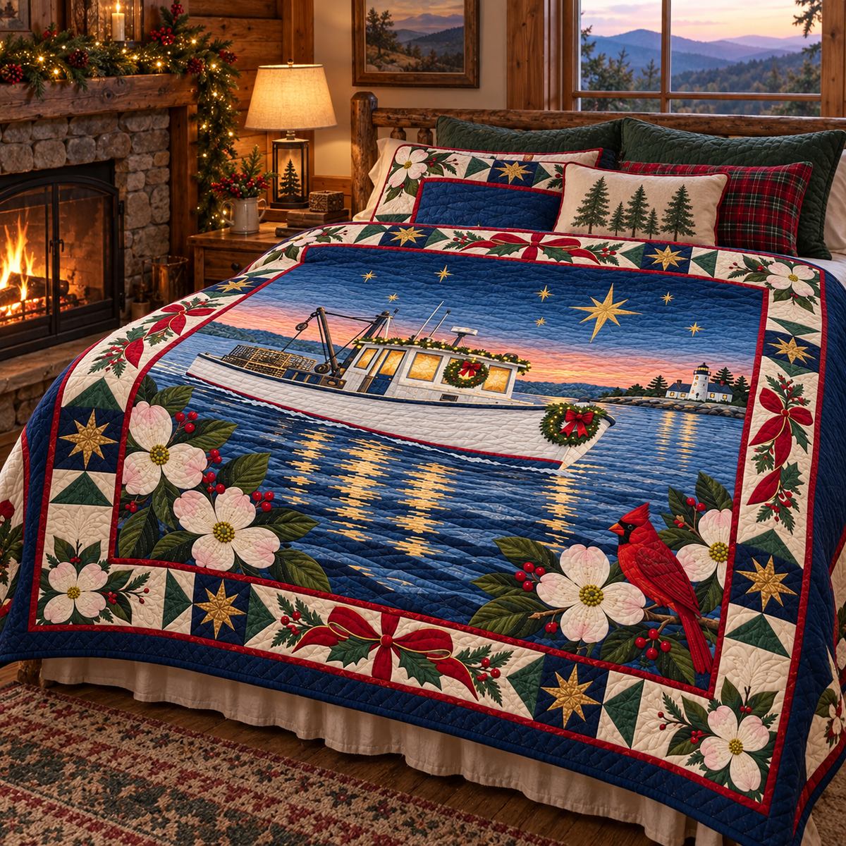 Tidewater Workboat Christmas Homecoming TD271026229 Quilt Blanket — bed mockup