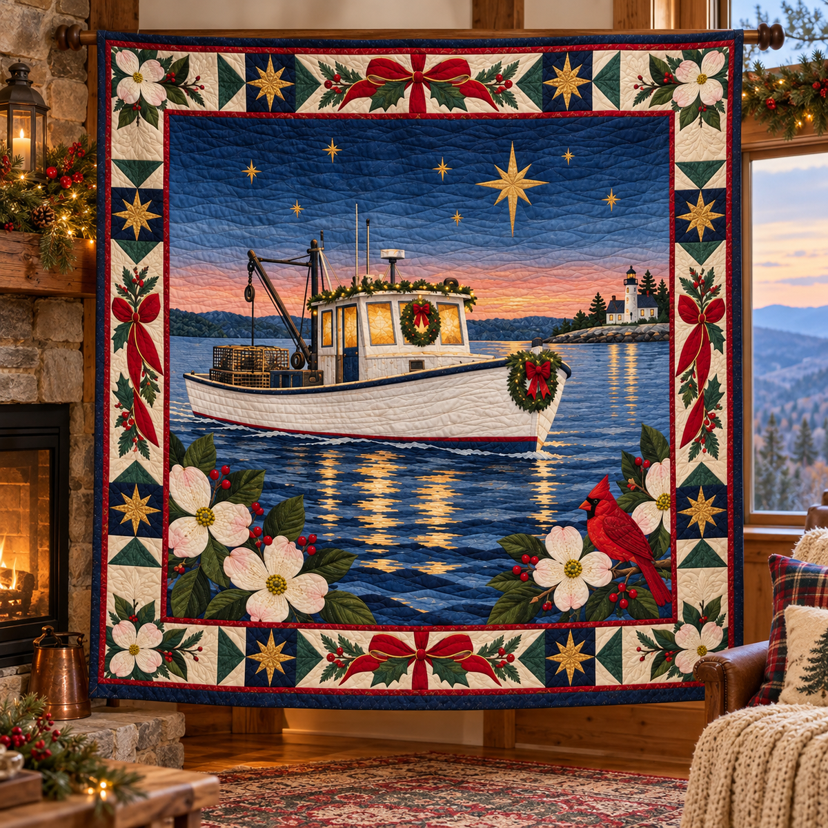 Tidewater Workboat Christmas Homecoming TD271026229 Quilt Blanket — hanging mockup