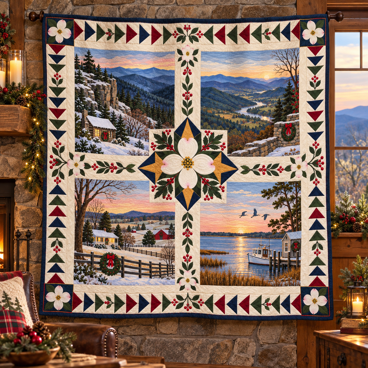 Virginia Christmas Windows TD271026230 Quilt Blanket — hanging mockup