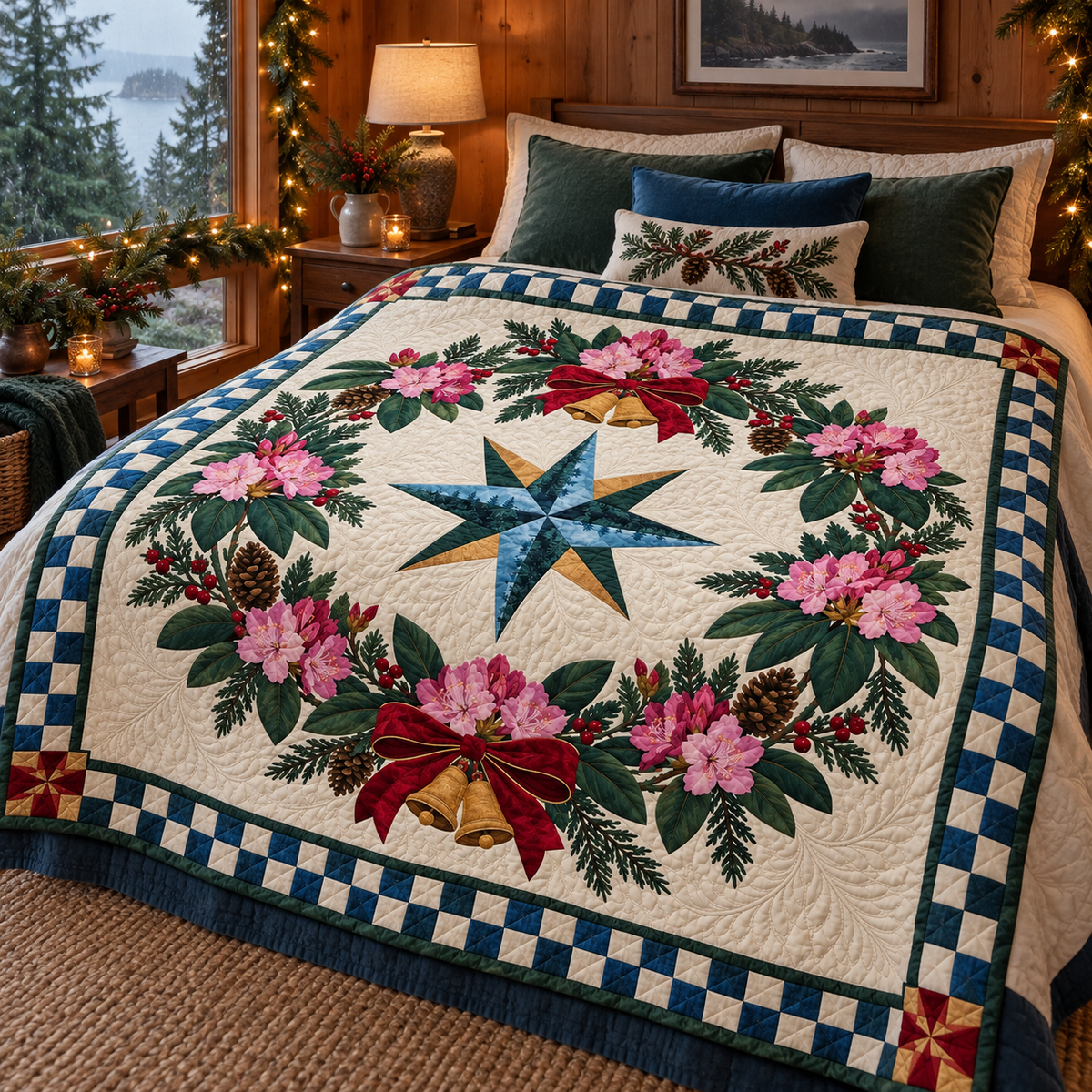 Coast rhododendron Christmas Wreath TD271026232 Quilt Blanket — bed mockup