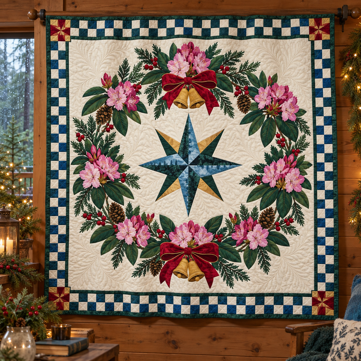 Coast rhododendron Christmas Wreath TD271026232 Quilt Blanket — hanging mockup