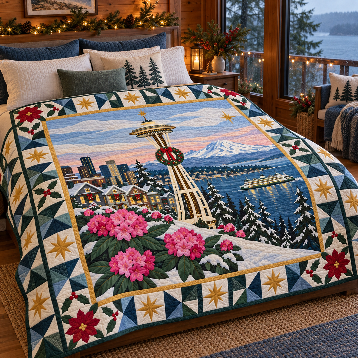 Community Windows Christmas Homecoming TD271026234 Quilt Blanket — bed mockup