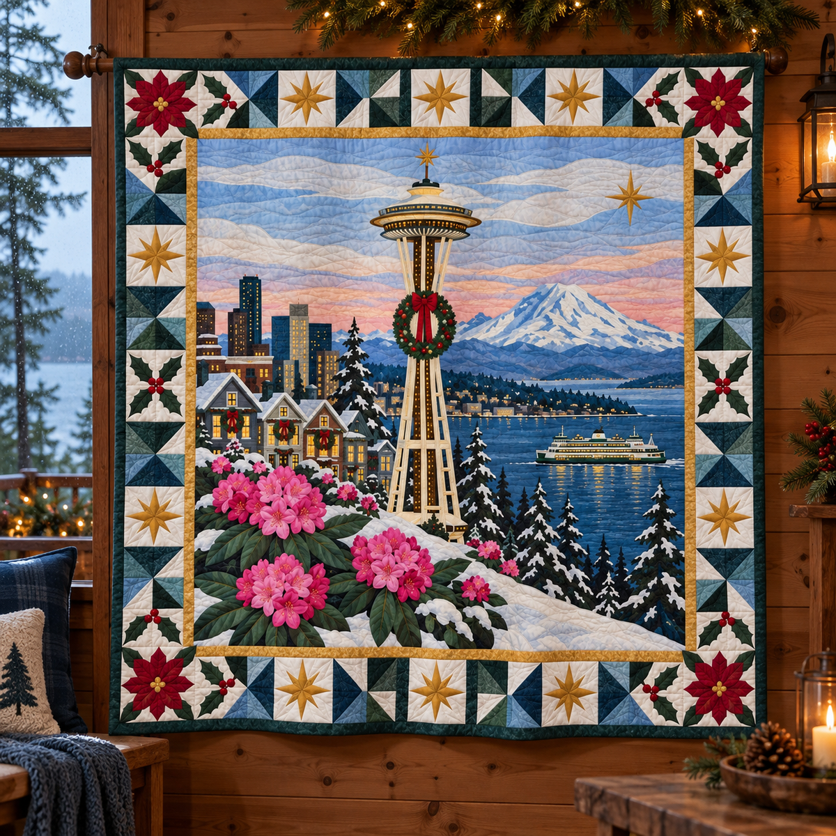 Community Windows Christmas Homecoming TD271026234 Quilt Blanket — hanging mockup
