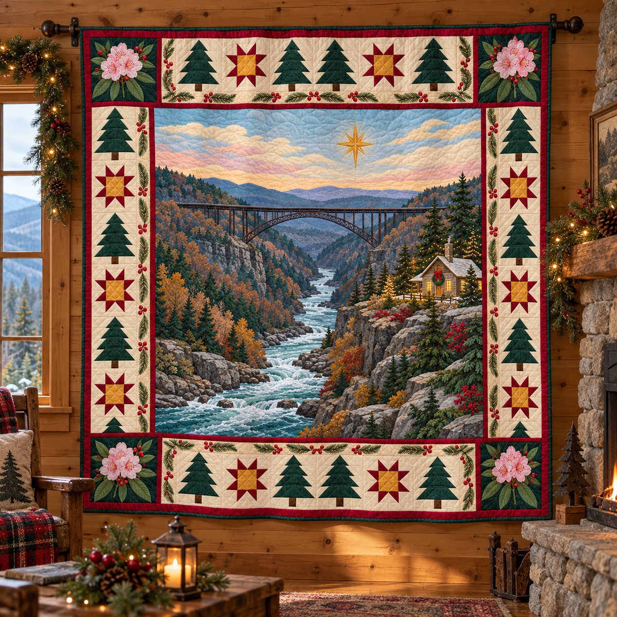 Rhododendron River Gorge Christmas Eve TD271026236 Quilt Blanket — hanging mockup