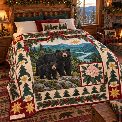 Bear in Rhododendron Shade Christmas Star TD271026238 Quilt Blanket — bed mockup