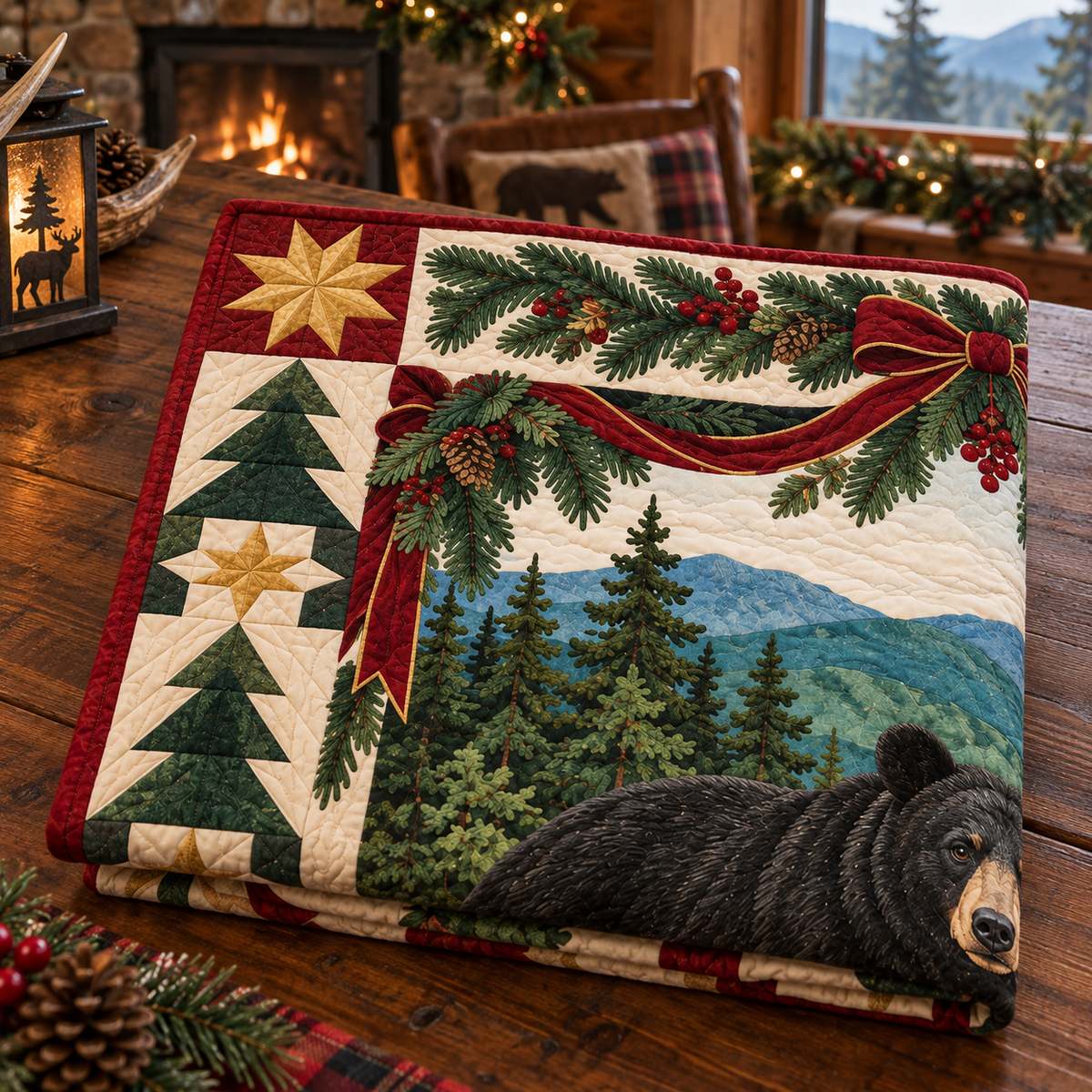 Bear in Rhododendron Shade Christmas Star TD271026238 Quilt Blanket — folded mockup