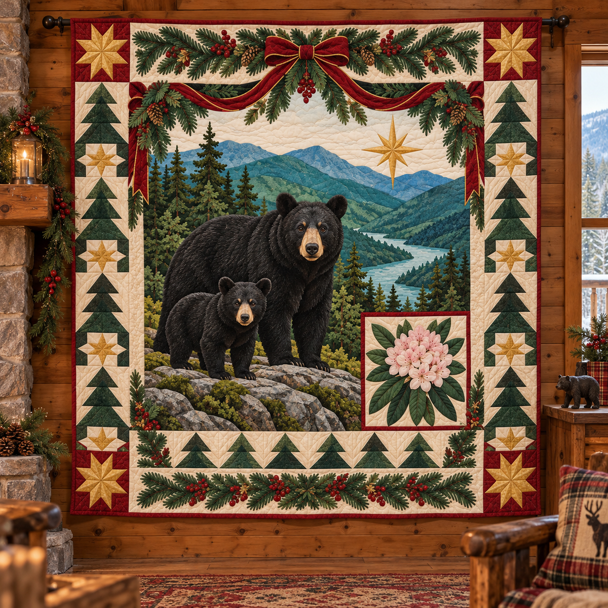 Bear in Rhododendron Shade Christmas Star TD271026238 Quilt Blanket — hanging mockup