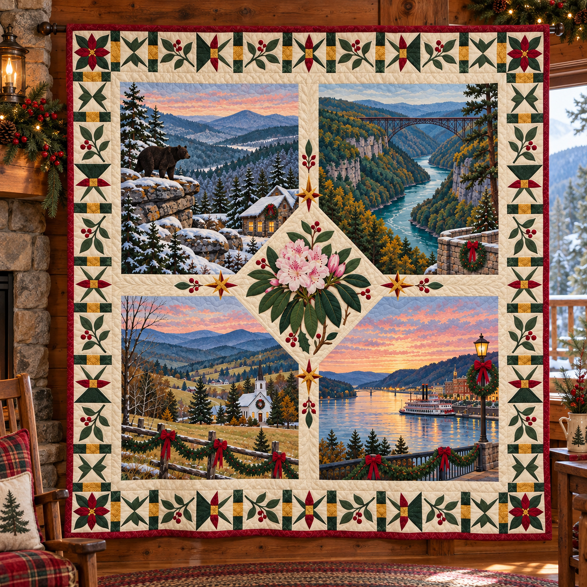 West Virginia Christmas Windows TD271026240 Quilt Blanket — hanging mockup