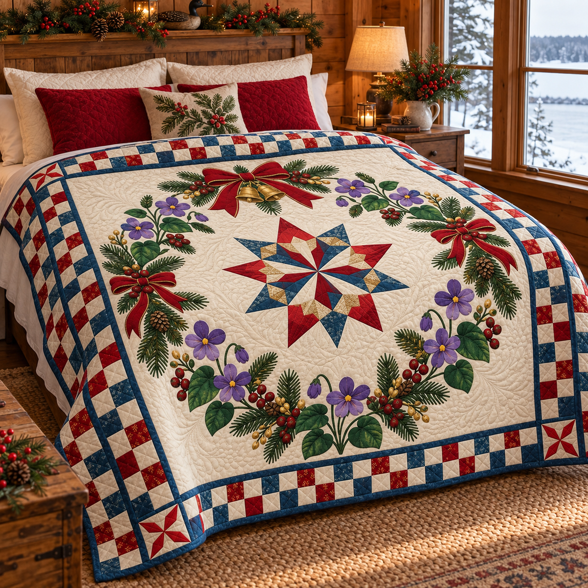 Violet Christmas Wreath TD271026242 Quilt Blanket — bed mockup