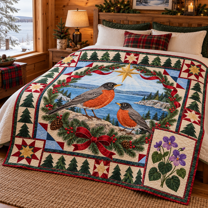 Robin in the Violet Woods Christmas Star TD271026243 Quilt Blanket — bed mockup