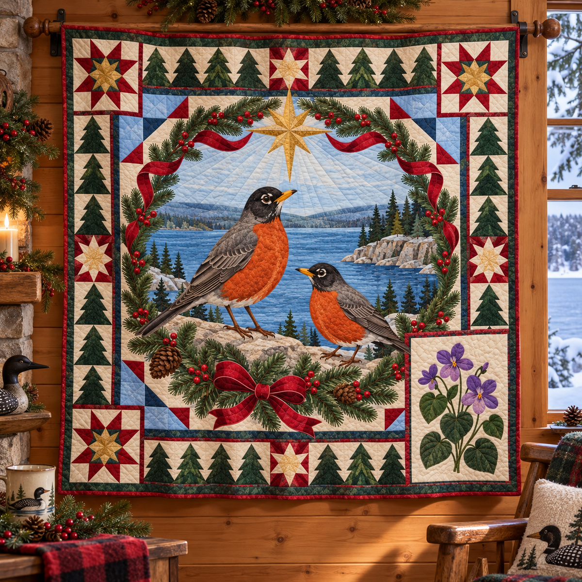 Robin in the Violet Woods Christmas Star TD271026243 Quilt Blanket — hanging mockup