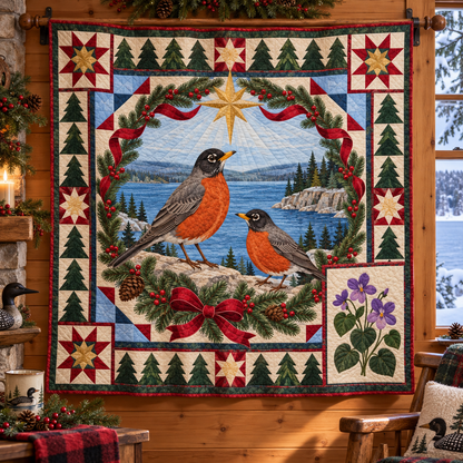 Robin in the Violet Woods Christmas Star TD271026243 Quilt Blanket — hanging mockup