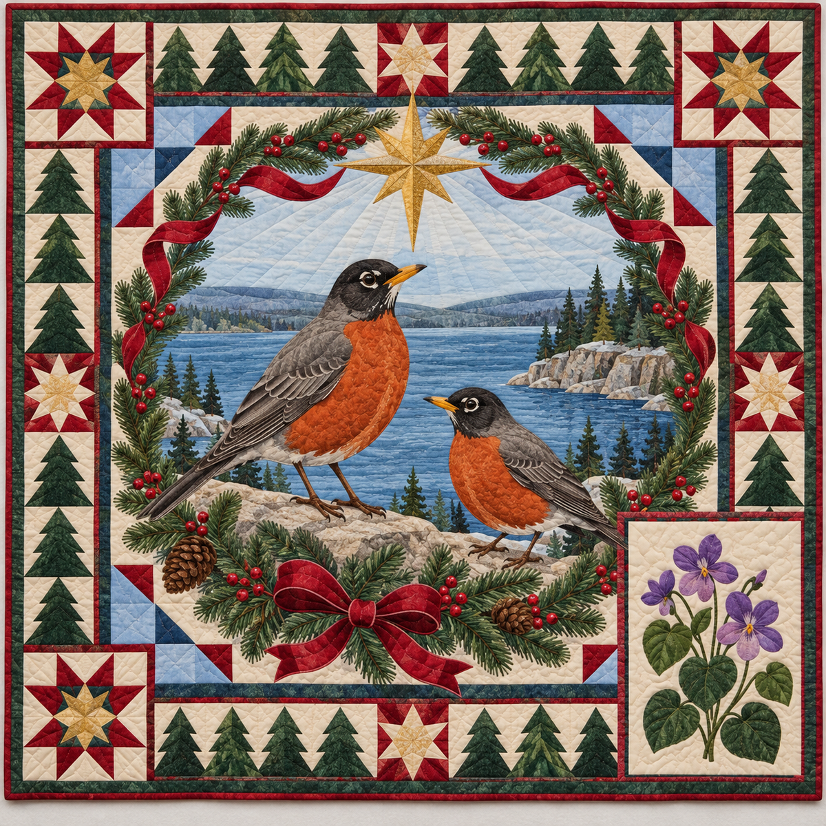 Robin in the Violet Woods Christmas Star TD271026243 Quilt Blanket — original design