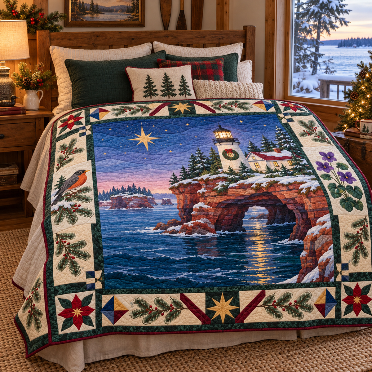 Superior Harbor Light Christmas Homecoming TD271026244 Quilt Blanket — bed mockup