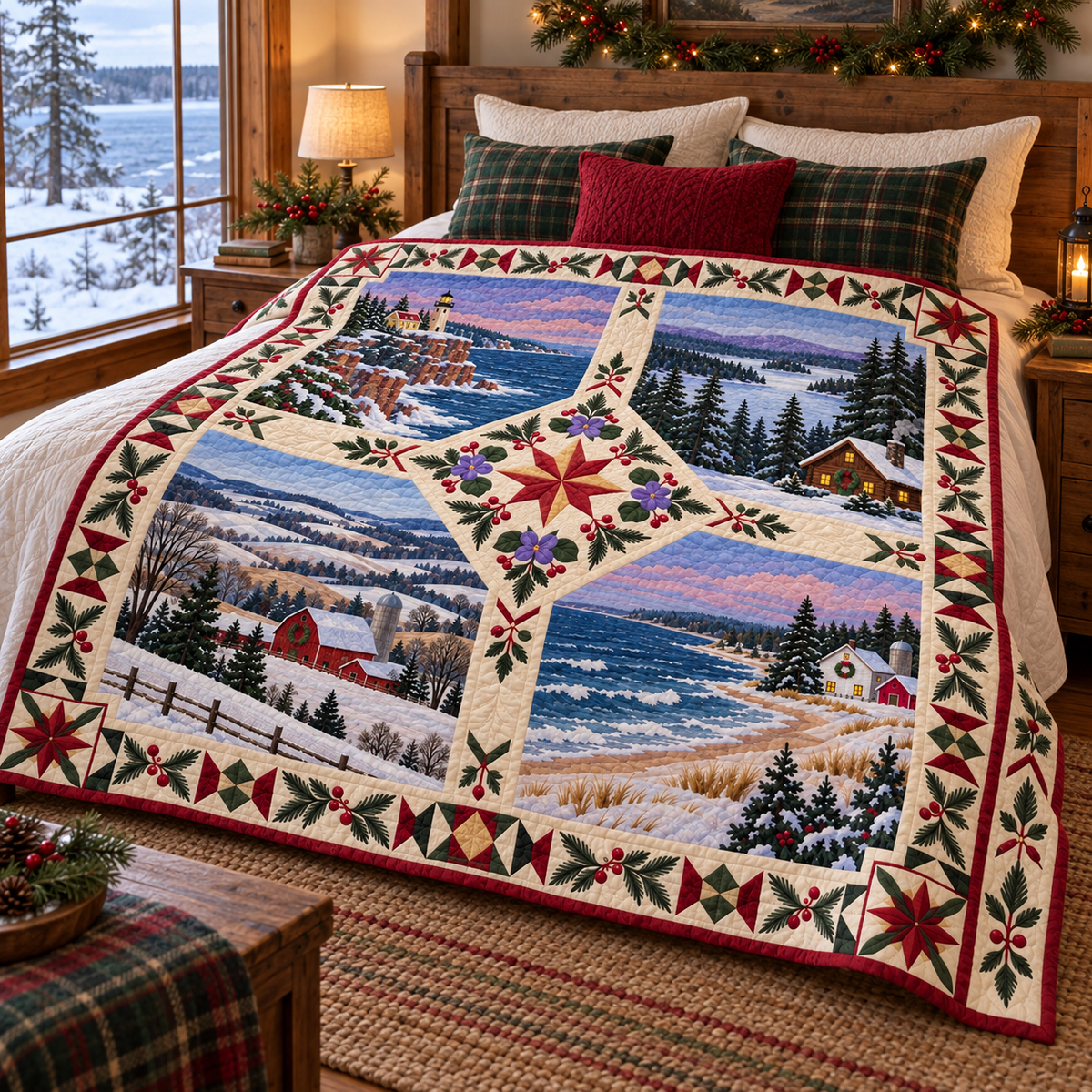 Wisconsin Christmas Windows TD271026245 Quilt Blanket — bed mockup