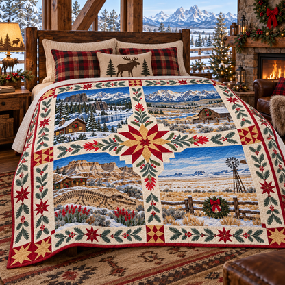 Wyoming Christmas Windows TD271026250 Quilt Blanket — bed mockup