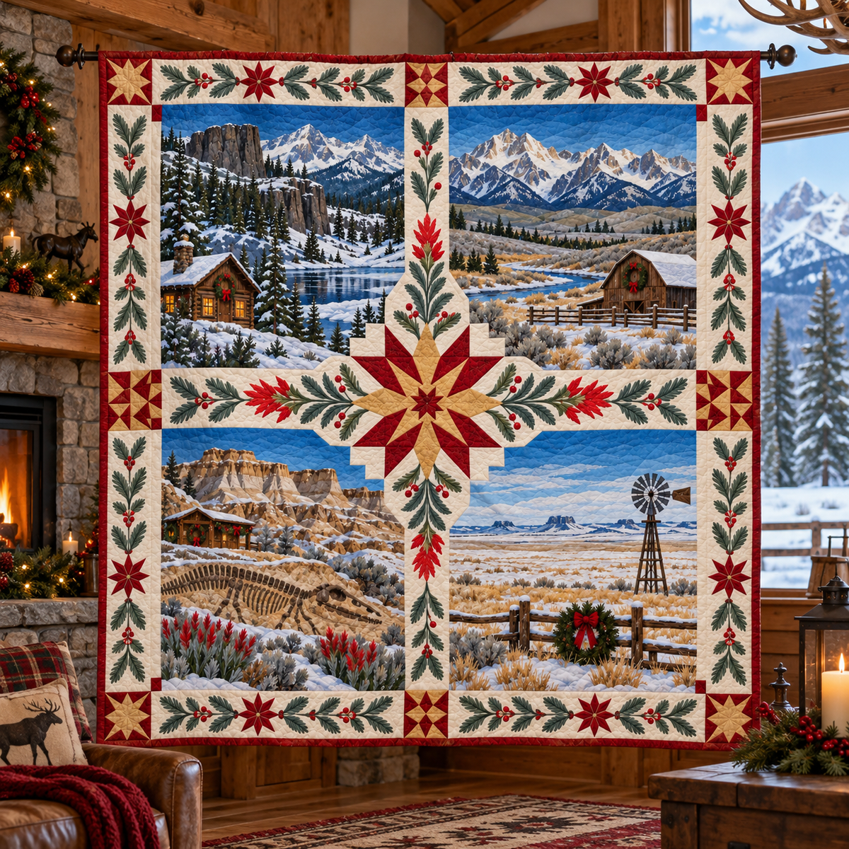 Wyoming Christmas Windows TD271026250 Quilt Blanket — hanging mockup