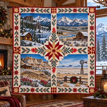 Wyoming Christmas Windows TD271026250 Quilt Blanket — hanging mockup