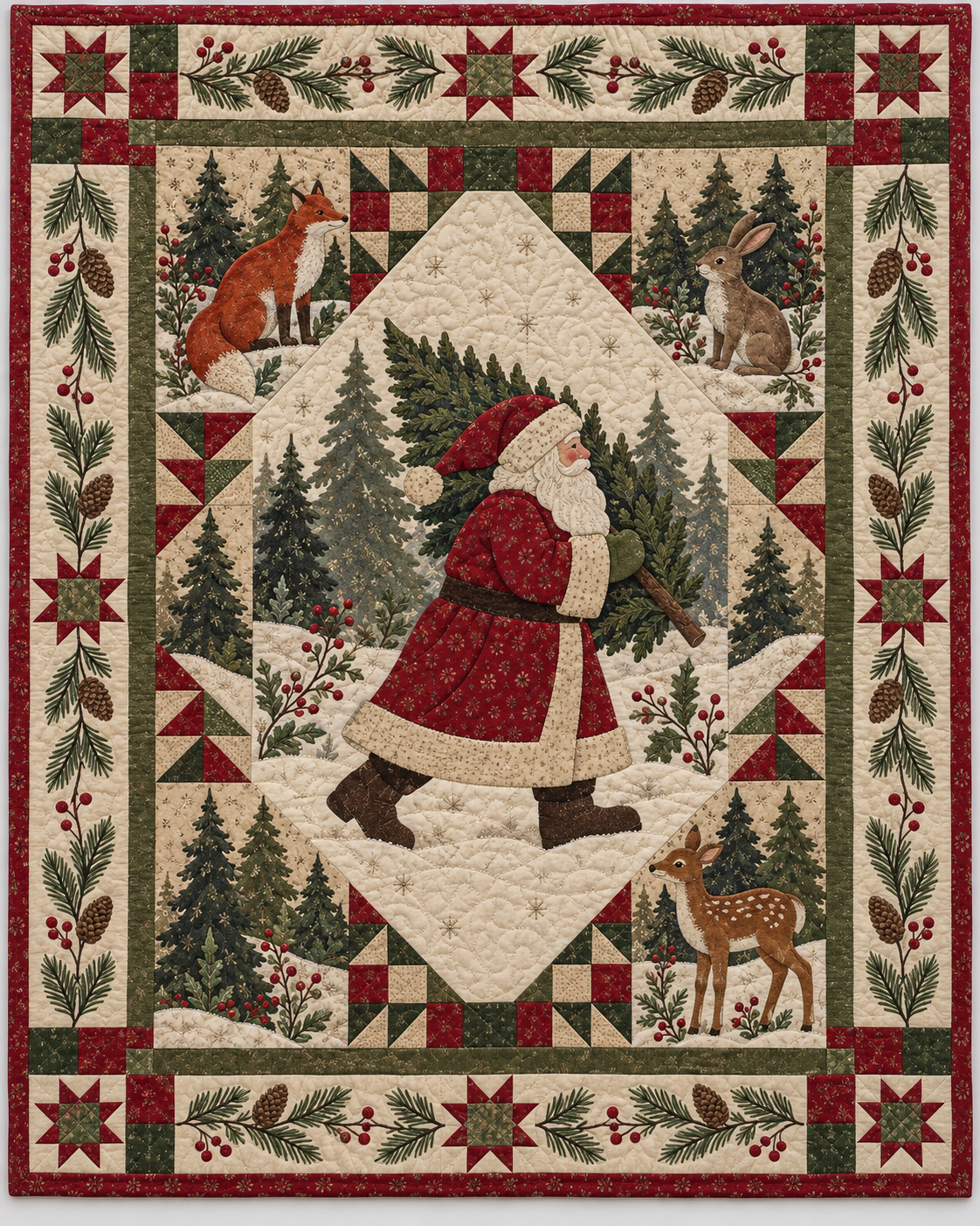 Santa's Woodland Visit Quilt Blanket